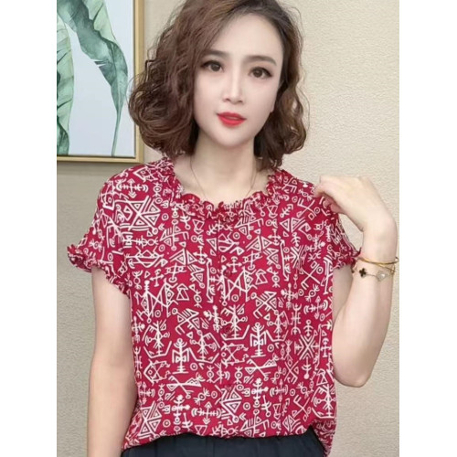 夏季媽媽裝粉色花短袖t恤女時尚花邊袖圓領小衫寬松遮肚減齡上衣