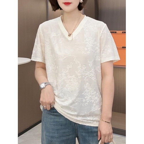 夏季薄款時尚提花短袖t恤女媽媽裝圓領寬松小衫百搭減齡顯瘦上衣
