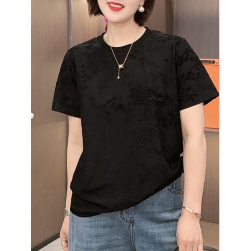 夏季薄款時尚提花短袖t恤女媽媽裝圓領寬松小衫百搭減齡顯瘦上衣