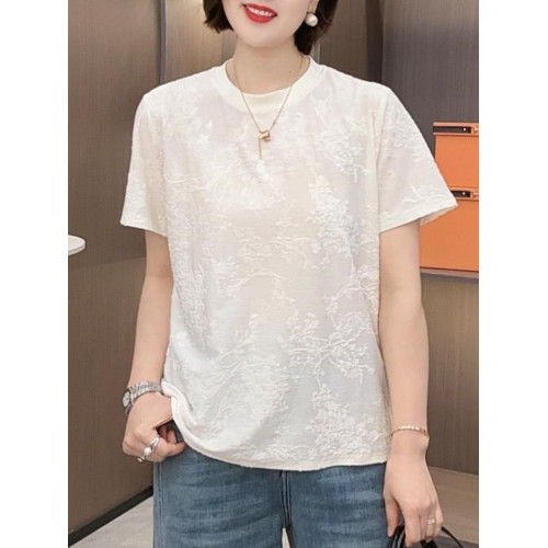 夏季薄款時尚提花短袖t恤女媽媽裝圓領寬松小衫百搭減齡顯瘦上衣