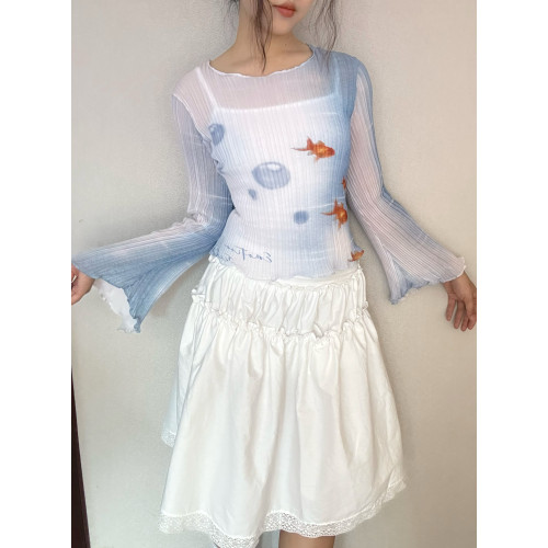 情緒磁場24FW汽水小魚上衣壓褶長袖防曬金魚設計印花四季打底衫