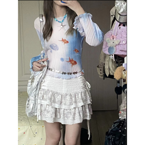 情緒磁場24FW汽水小魚上衣壓褶長袖防曬金魚設計印花四季打底衫