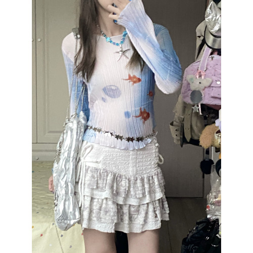 情緒磁場24FW汽水小魚上衣壓褶長袖防曬金魚設計印花四季打底衫