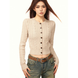 Aaisup美式慵懶風麻花開衫毛衣女春秋修身顯瘦內搭長袖針織打底衫