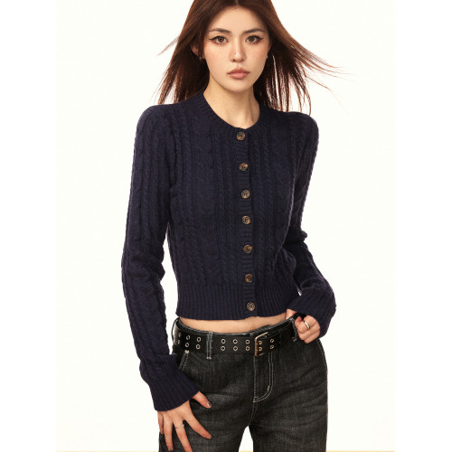 Aaisup美式慵懶風麻花開衫毛衣女春秋修身顯瘦內搭長袖針織打底衫