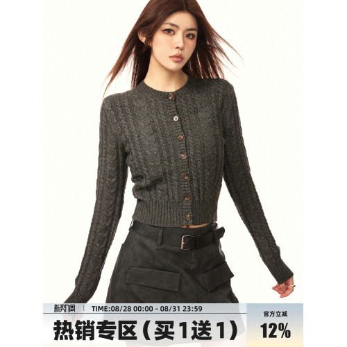 Aaisup美式慵懶風麻花開衫毛衣女春秋修身顯瘦內搭長袖針織打底衫