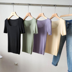自畱四色！好舒服！天絲蠶絲混紡，紙片人春夏薄款長袖U領T打底衫