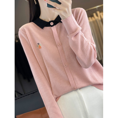 打底衫女2025新款春秋洋氣綉花翻領薄款針織上衣大碼女裝秋冬毛衣