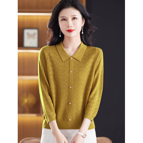 娃娃領針織羊毛衫女春秋寬松薄款七分袖上衣打底衫中年媽媽裝毛衣