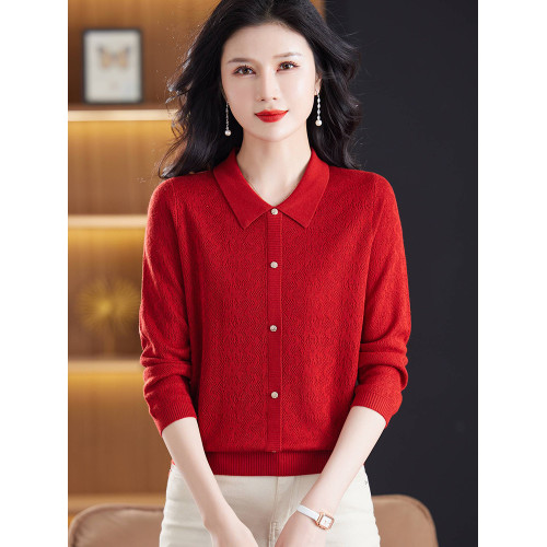 娃娃領針織羊毛衫女春秋寬松薄款七分袖上衣打底衫中年媽媽裝毛衣