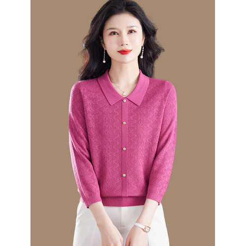 娃娃領針織羊毛衫女春秋寬松薄款七分袖上衣打底衫中年媽媽裝毛衣