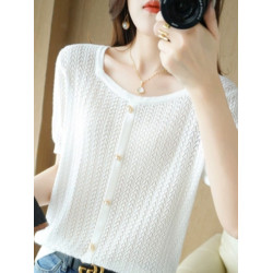 小香風方領鏤空小衫夏季薄款簡約冰絲短袖針織衫顯瘦打底衫上衣女