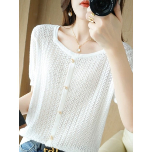 小香風方領鏤空小衫夏季薄款簡約冰絲短袖針織衫顯瘦打底衫上衣女