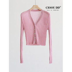 2024春秋新款羊毛針織衫女短款修身小個子韓系內搭開衫灰色打底衫