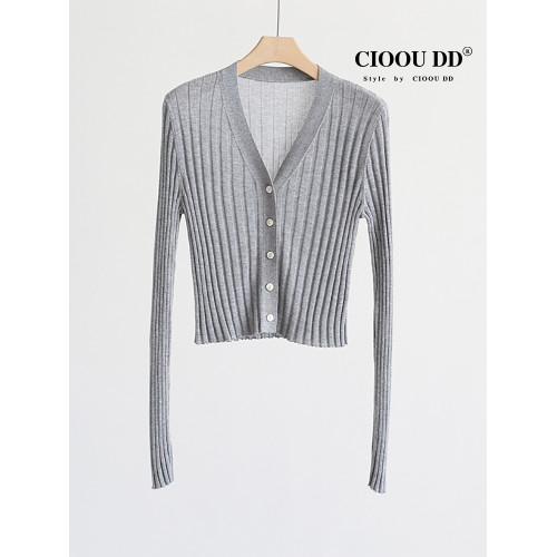 2024春秋新款羊毛針織衫女短款修身小個子韓系內搭開衫灰色打底衫