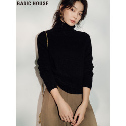 Basic House/百家好黑色修身高領羊毛針織打底衫上衣女2025年秋冬