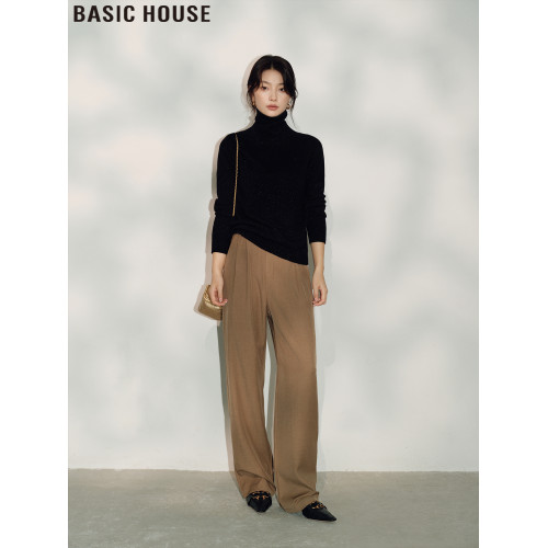 Basic House/百家好黑色修身高領羊毛針織打底衫上衣女2025年秋冬