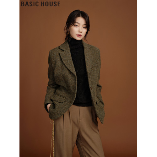 Basic House/百家好黑色修身高領羊毛針織打底衫上衣女2025年秋冬