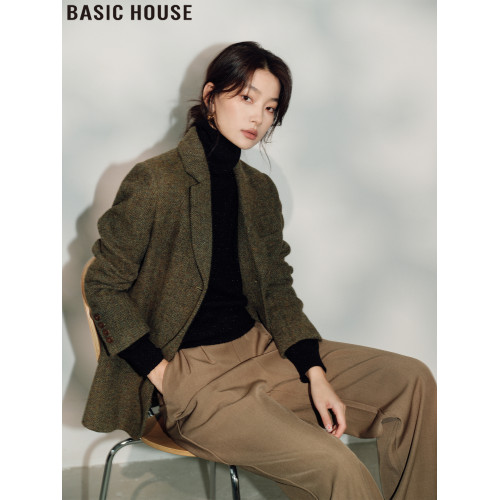 Basic House/百家好黑色修身高領羊毛針織打底衫上衣女2025年秋冬