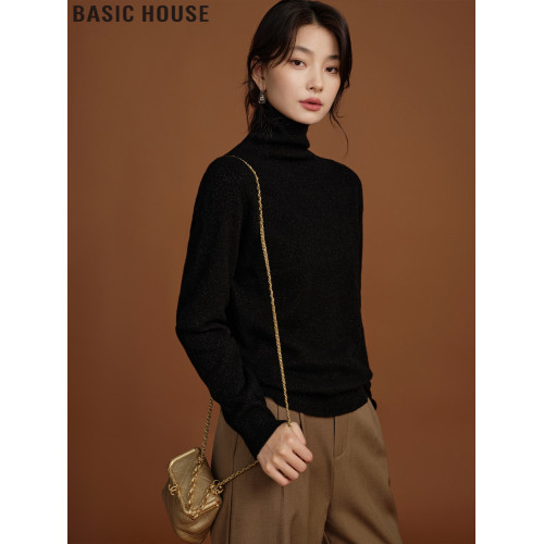 Basic House/百家好黑色修身高領羊毛針織打底衫上衣女2025年秋冬