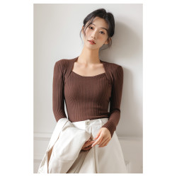 2025別致針織打底衫秋冬女裝U領性感洋氣百搭純色針織衫毛衣上衣