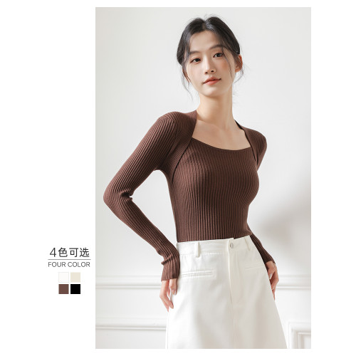 2025別致針織打底衫秋冬女裝U領性感洋氣百搭純色針織衫毛衣上衣