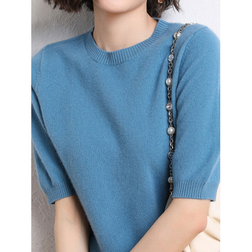 2025春秋新款氣質百搭短袖女五分袖圓領套頭薄針織打底衫半袖上衣