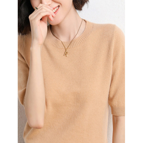 2025春秋新款氣質百搭短袖女五分袖圓領套頭薄針織打底衫半袖上衣