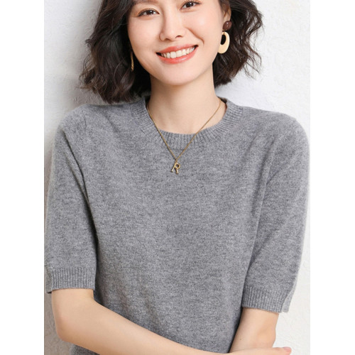 2025春秋新款氣質百搭短袖女五分袖圓領套頭薄針織打底衫半袖上衣