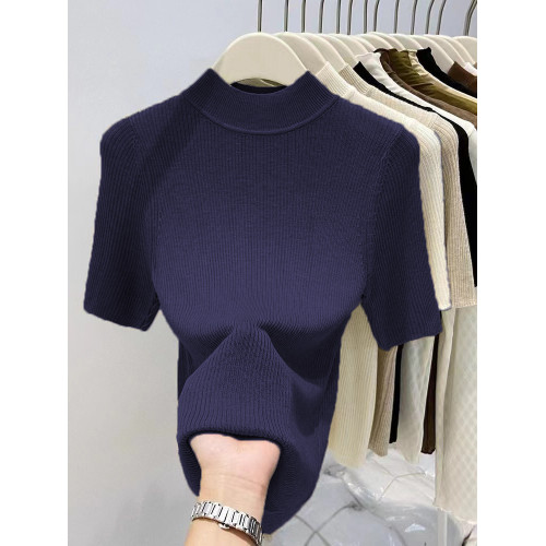 半高領燕麥色中袖針織衫女大碼2025春秋新款五分袖打底衫內搭上衣