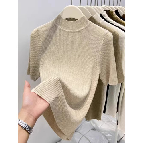 半高領燕麥色中袖針織衫女大碼2025春秋新款五分袖打底衫內搭上衣