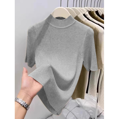 半高領燕麥色中袖針織衫女大碼2025春秋新款五分袖打底衫內搭上衣