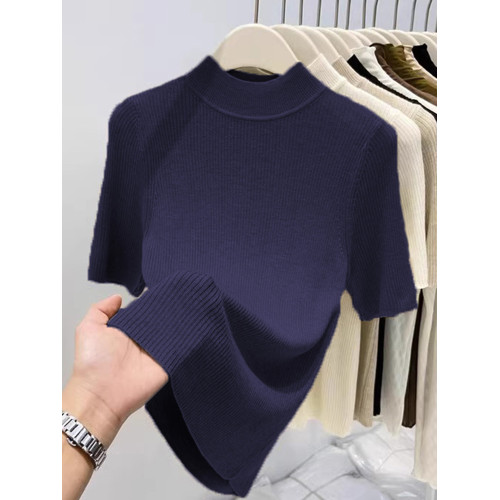 半高領燕麥色中袖針織衫女大碼2025春秋新款五分袖打底衫內搭上衣