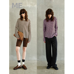 真我永恒 條紋長袖薄款針織衫春秋女新款寬松百搭圓領上衣打底衫