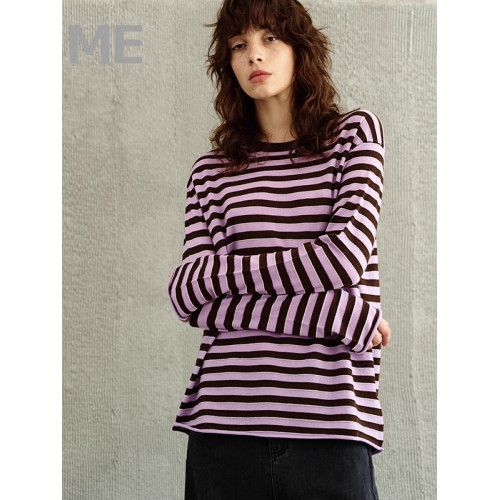 真我永恒 條紋長袖薄款針織衫春秋女新款寬松百搭圓領上衣打底衫