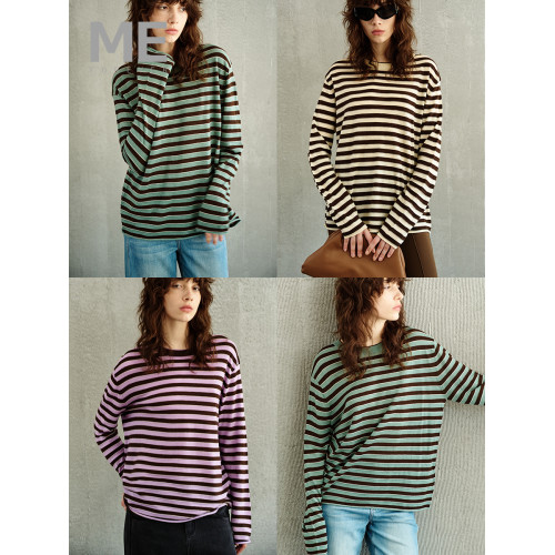 真我永恒 條紋長袖薄款針織衫春秋女新款寬松百搭圓領上衣打底衫