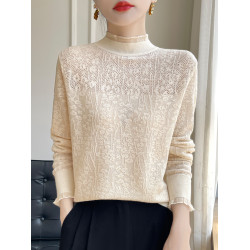 法式甜美蕾絲鉤花長袖針織打底衫女半高領毛衣寬松外穿木耳領上衣