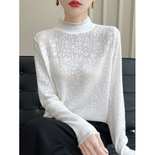 法式甜美蕾絲鉤花長袖針織打底衫女半高領毛衣寬松外穿木耳領上衣