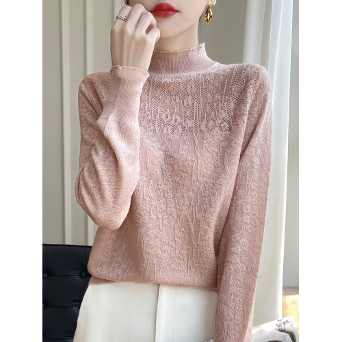 法式甜美蕾絲鉤花長袖針織打底衫女半高領毛衣寬松外穿木耳領上衣