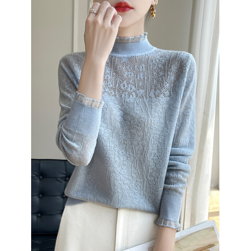 法式甜美蕾絲鉤花長袖針織打底衫女半高領毛衣寬松外穿木耳領上衣