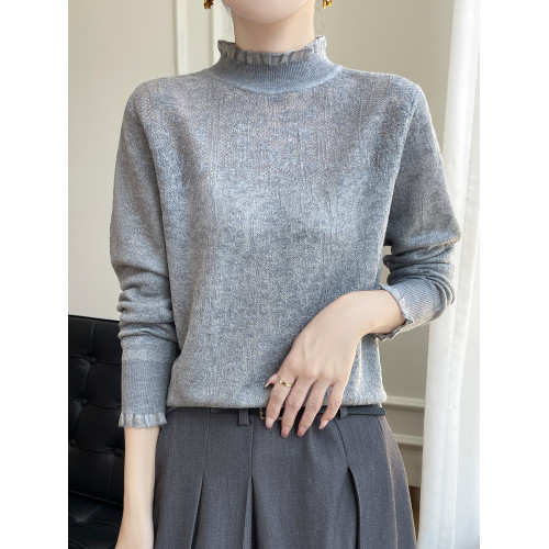 法式甜美蕾絲鉤花長袖針織打底衫女半高領毛衣寬松外穿木耳領上衣