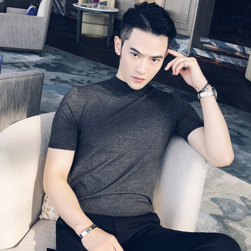 男士毛衣半高領春秋新款短袖針織衫男緊身中領純色線衣修身打底衫