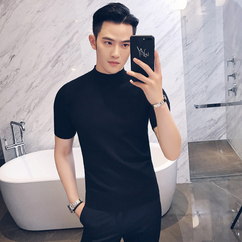 男士毛衣半高領春秋新款短袖針織衫男緊身中領純色線衣修身打底衫