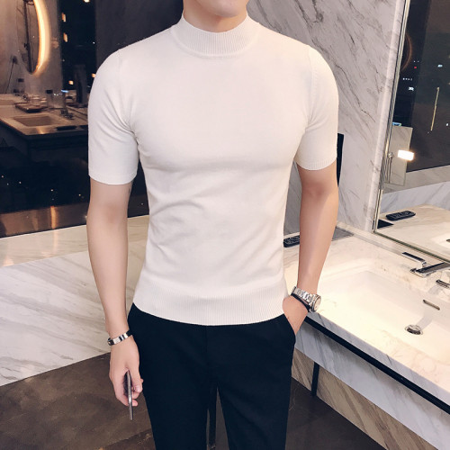 男士毛衣半高領春秋新款短袖針織衫男緊身中領純色線衣修身打底衫