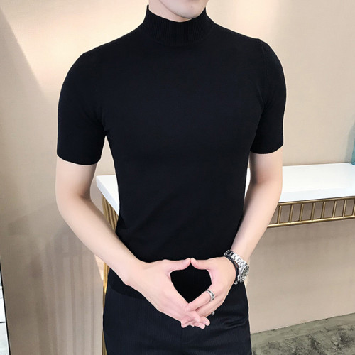 男士毛衣半高領春秋新款短袖針織衫男緊身中領純色線衣修身打底衫