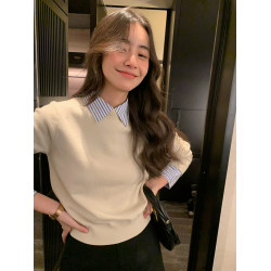 DORACTR 美出新高度！拼接襯衫領羊毛針織衫女春季打底衫通勤上衣