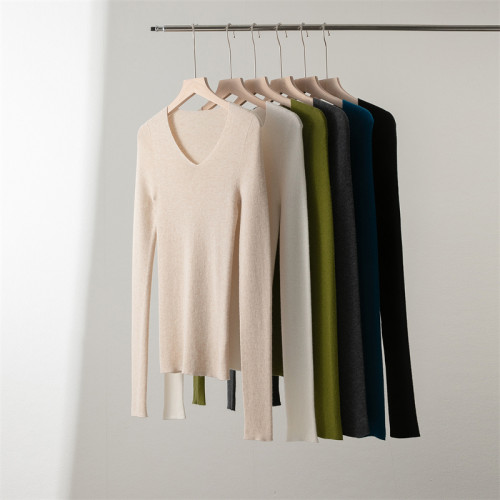 一線成衣無縫精紡100細羊毛V領針織打底衫女修身顯瘦氣質通勤內搭