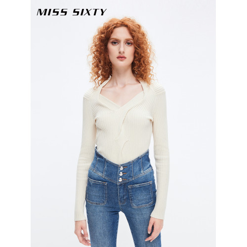 Miss Sixty針織衫女氣質V領修身純色掛脖上衣顯瘦性感辣妹打底衫