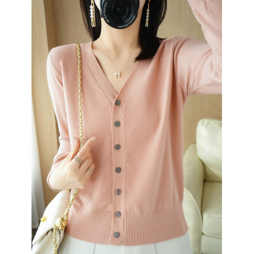 秋冬棗紅針織開衫毛衣女外套寬松韓版V圓領短款打底衫長袖小上衣