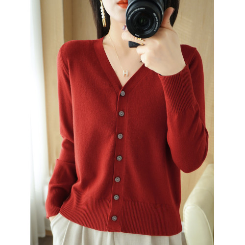 秋冬棗紅針織開衫毛衣女外套寬松韓版V圓領短款打底衫長袖小上衣